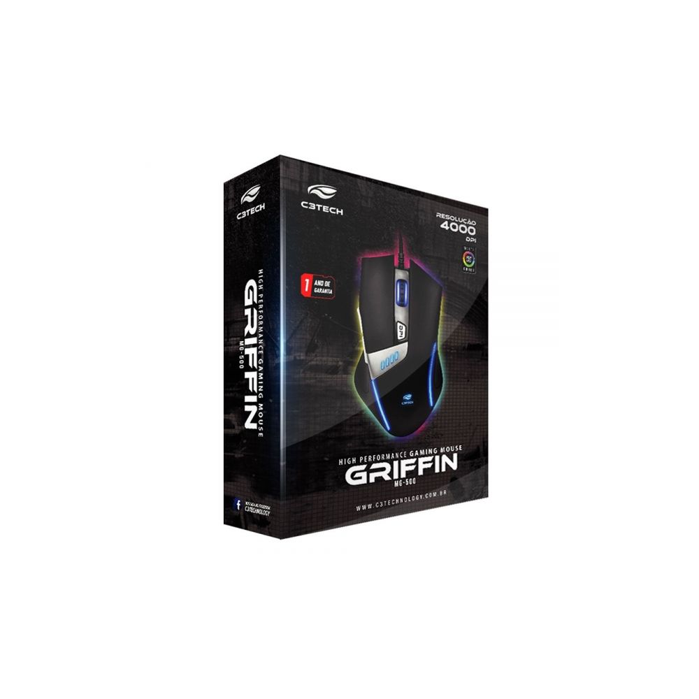 Mouse Gamer Griffin USB RGB LED 4000 DPI MG-500BK - C3Tech