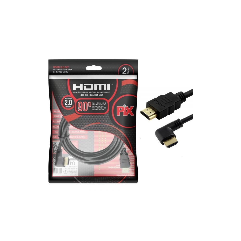 Cabo HDMI 2.0 Ultra HD, 4K, 2M, 1 Conector 90°, 018-3322 - PIX 