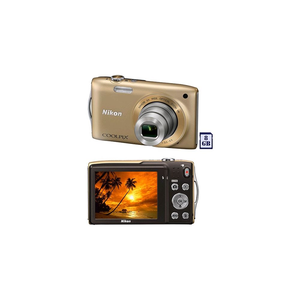 Câmera Digital Nikon Coolpix S3300 16MP 6x Zoom Óptico Cartão 8GB Dourada - Niko