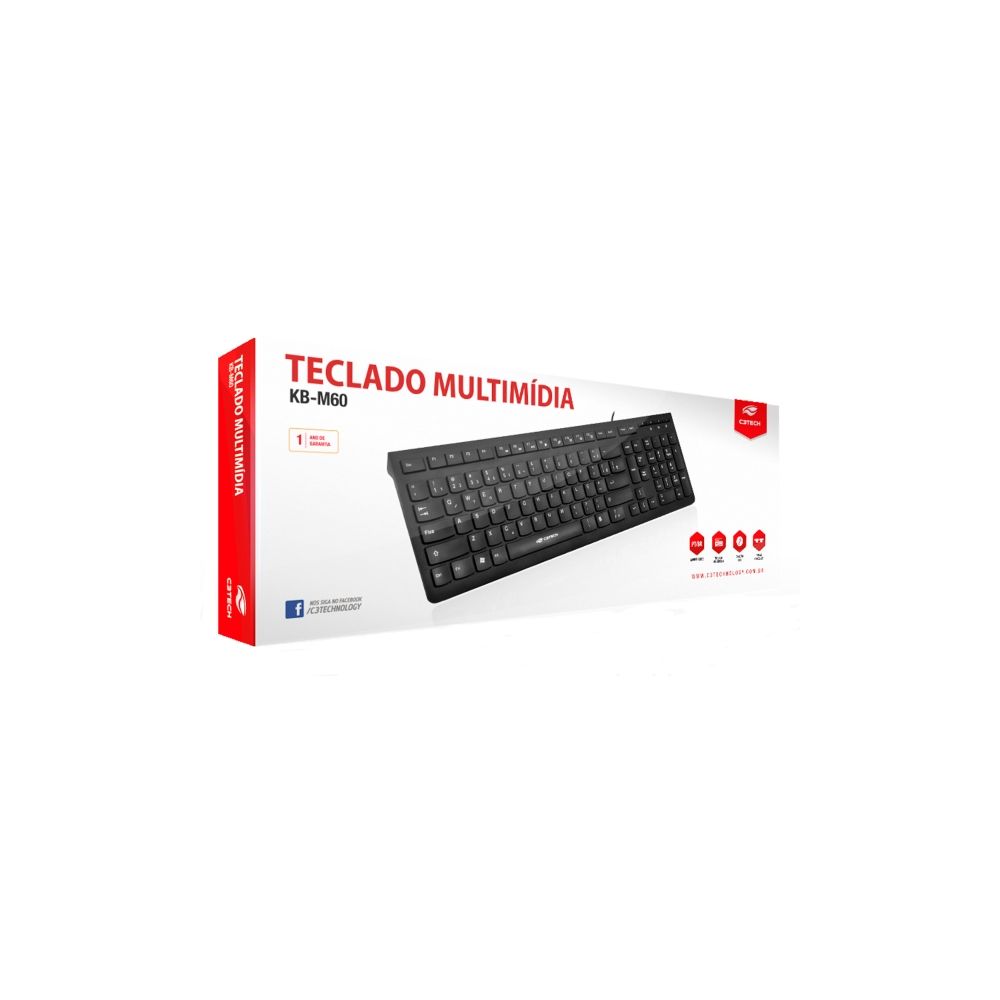 Teclado Multimídia KB-M60BK USB Preto ABNT2 - C3Tech 