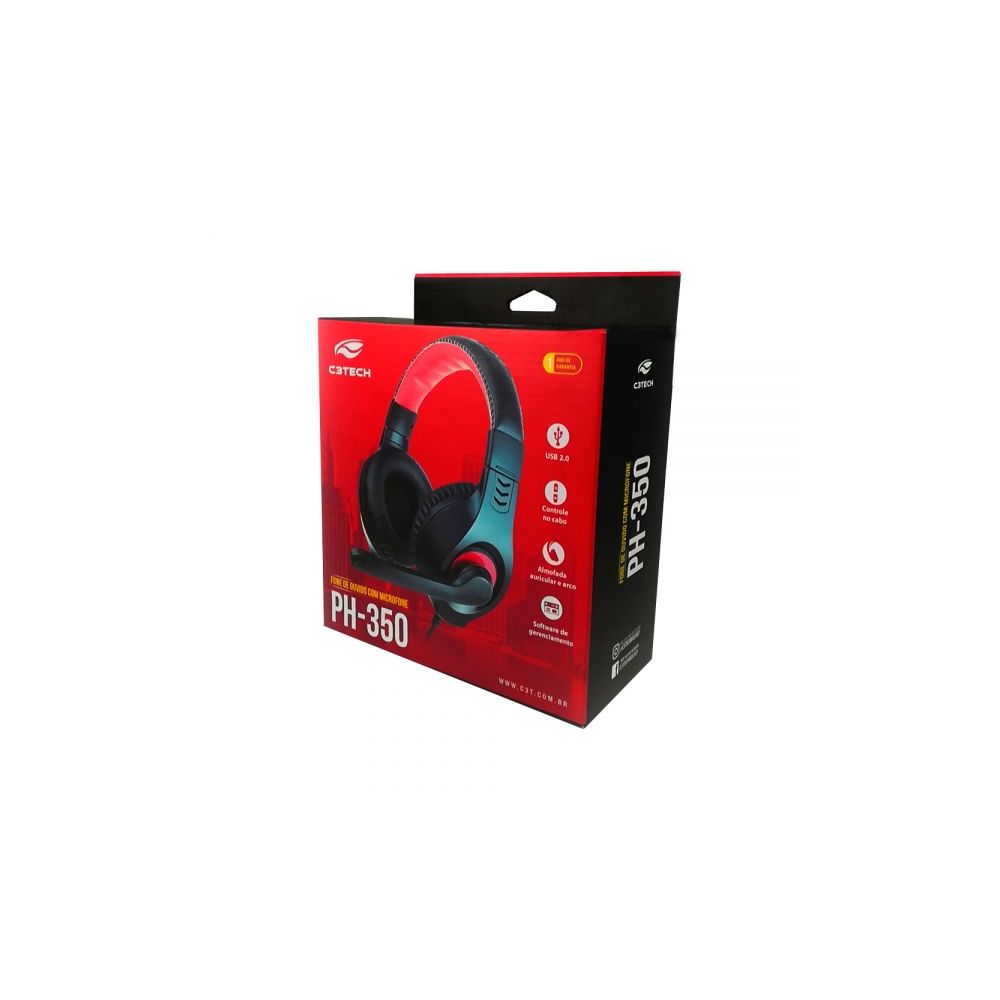 Headset com Microfone USB Preto e Vermelho PH-350BK - C3Tech