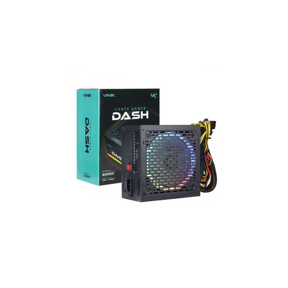 Fonte Gamer Dash 600W Preto com Fan Led RGB - Vinik