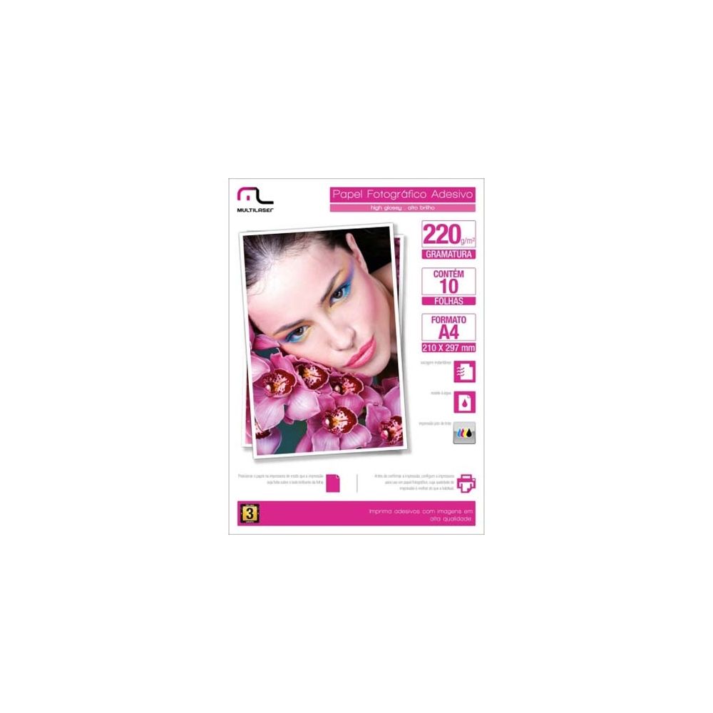 Papel Photo Glossy Adesivo 220Gr Tam.A4 10 folhas Multilaser