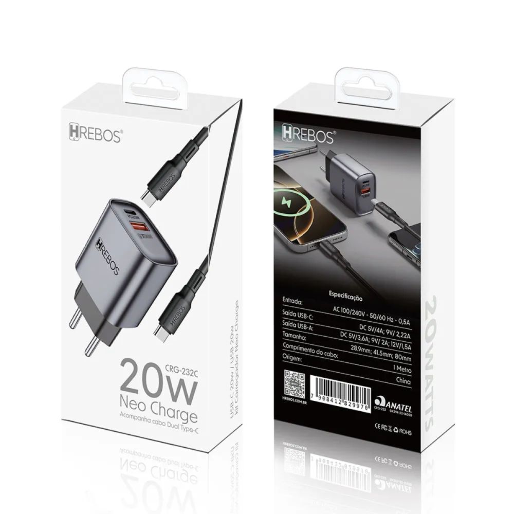 Carregador Neo Charge USB-C USB-A 20W - Hrebos